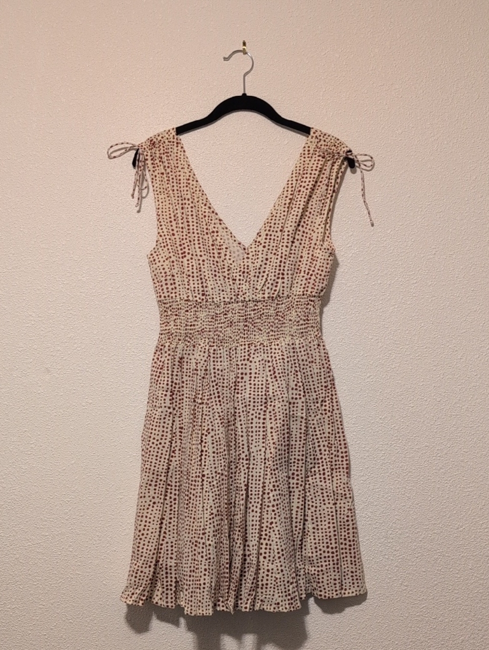 Sleeveless V-Neck Smocked Waist Polka Dot Dress - Cream with Red Dots